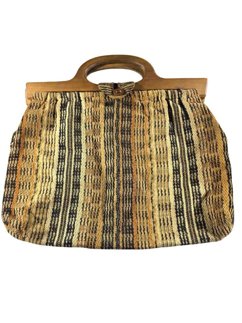 Vtg Woven Handbag Wooden Handles Button Closure Earth-Tone Stripes Purse MCM